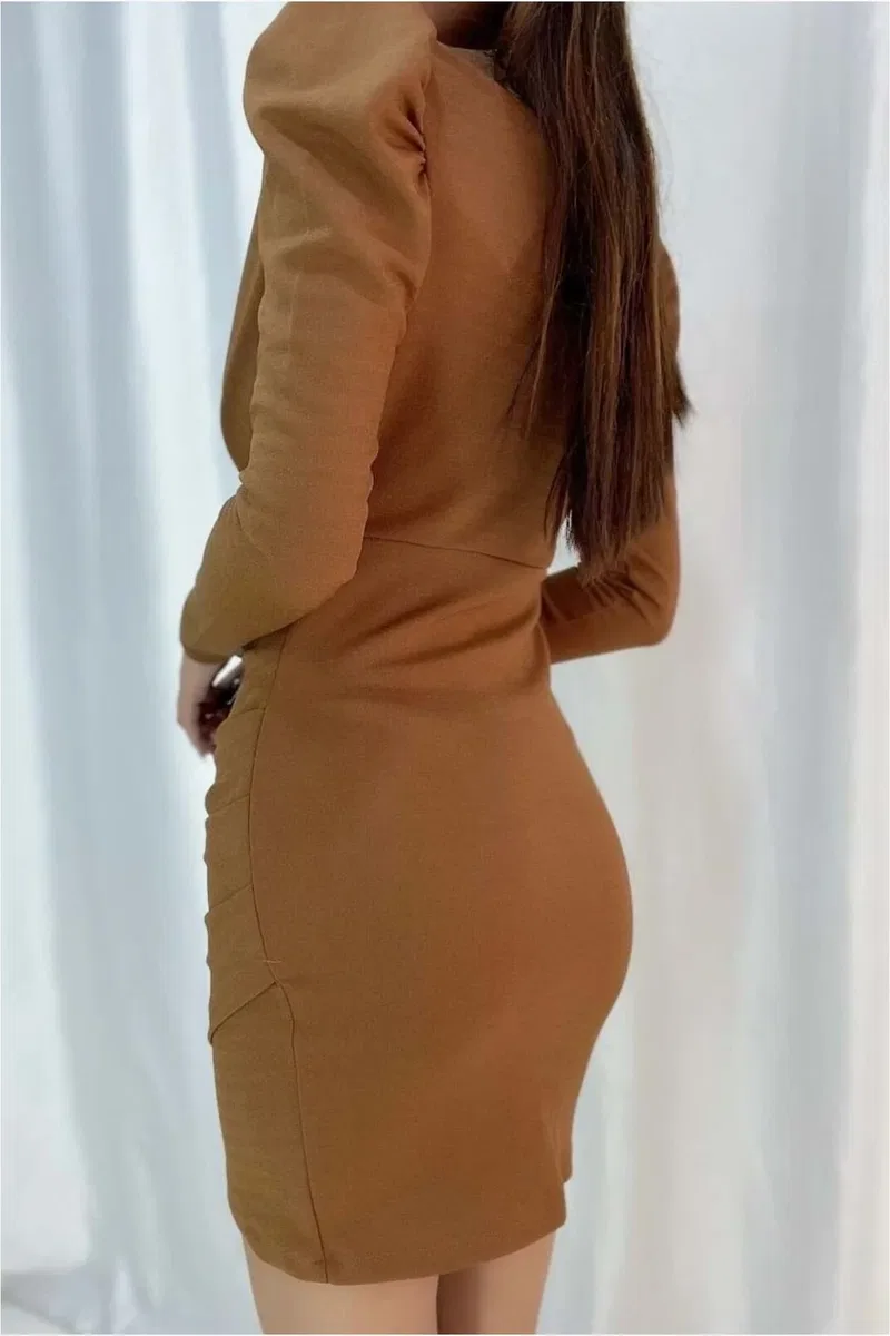 Kruvaze Balon Elbise Yaka Kollu görsel 2