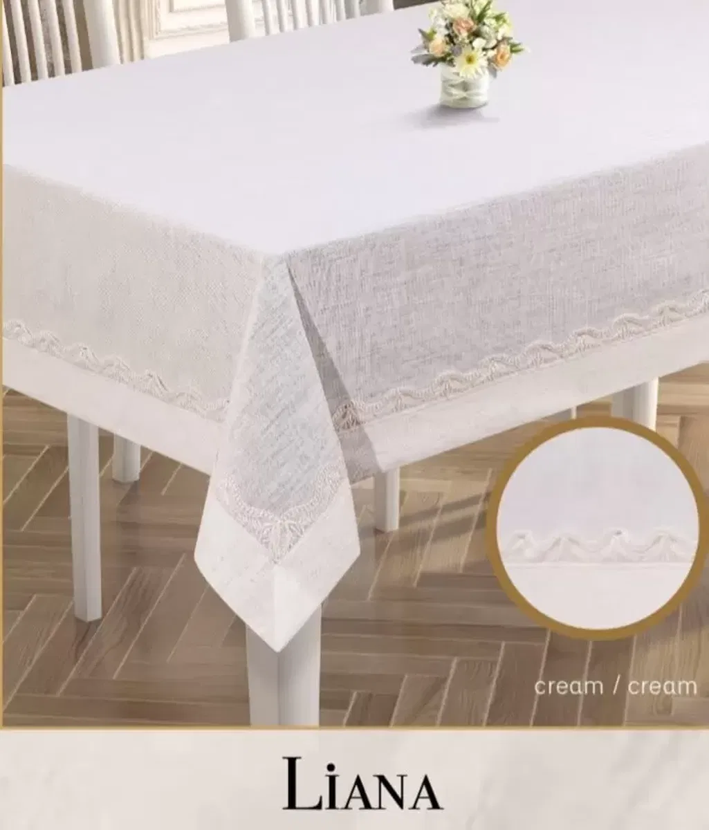 Liana Model Krem 160x220 cm Keten Dantel Masa Örtüsü Şık Yemek Masası Dekoratif görsel 3