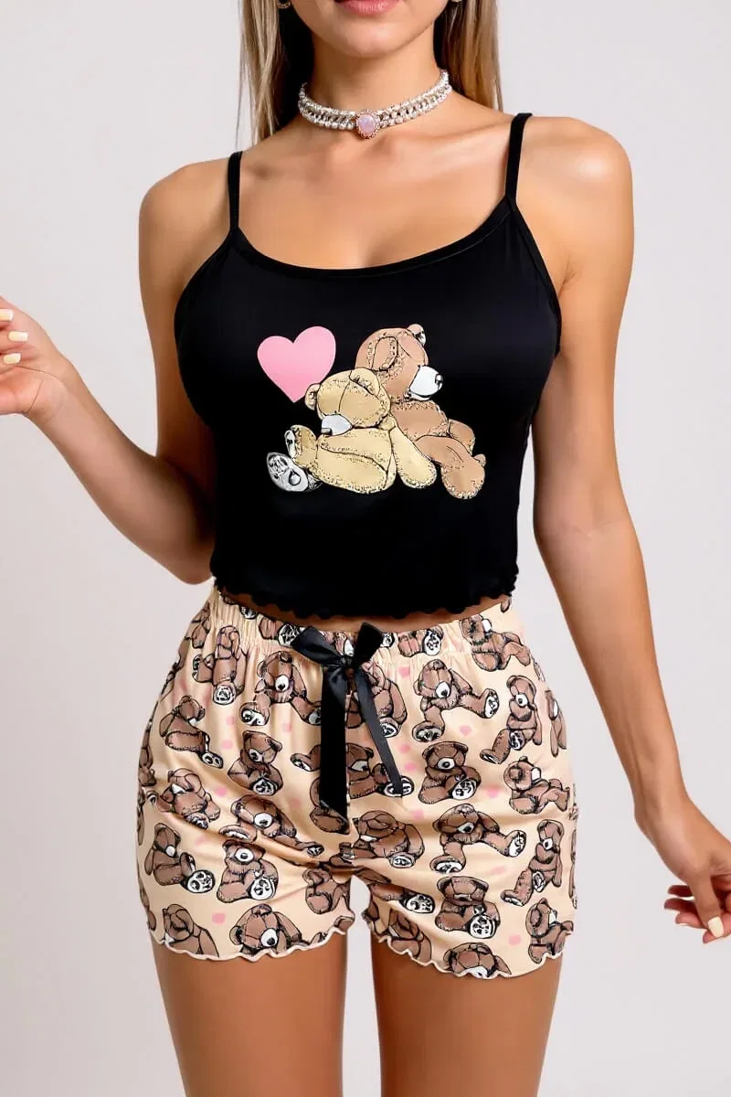 Kadın Yeni Sezon Renkli Ayıcık Desenli Askılı Şortlu Pijama Takımı görsel 2
