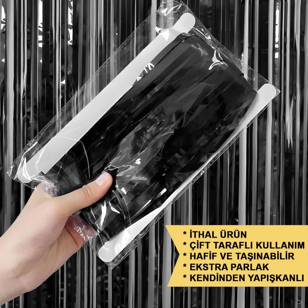 Siyah Renk Ekstra Metalize Parlak Saçaklı Arka Fon Perde İthal A Kalite 1x2 Metre görsel 4