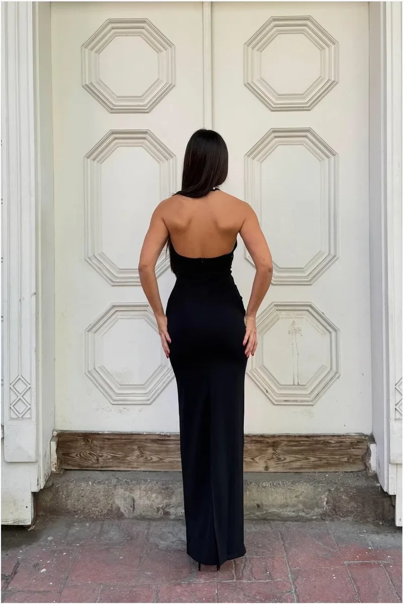 Kadın Gösterişli Balıkçı Yaka Balık Kesim Uzun Kollu Abiye Elbise görsel 6