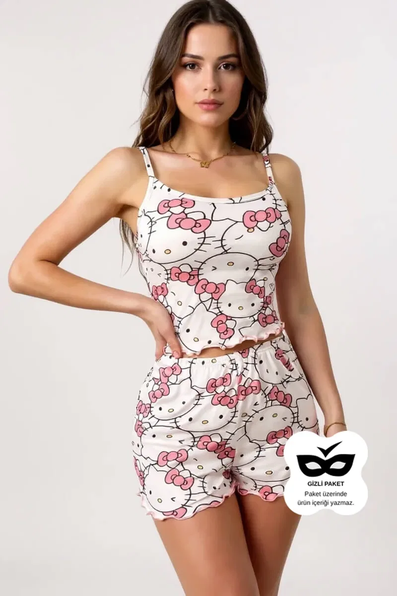 Kadın Bohem Hello Kitty Baskılı Askılı Şortlu Pijama Takımı