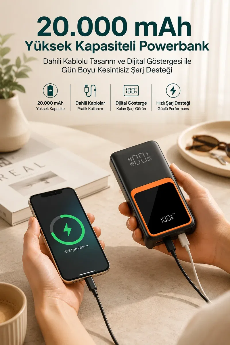 20. 000 mAh Taşınabilir Şarj Cihazı Dijital Göstergeli Kablolu Powerbank