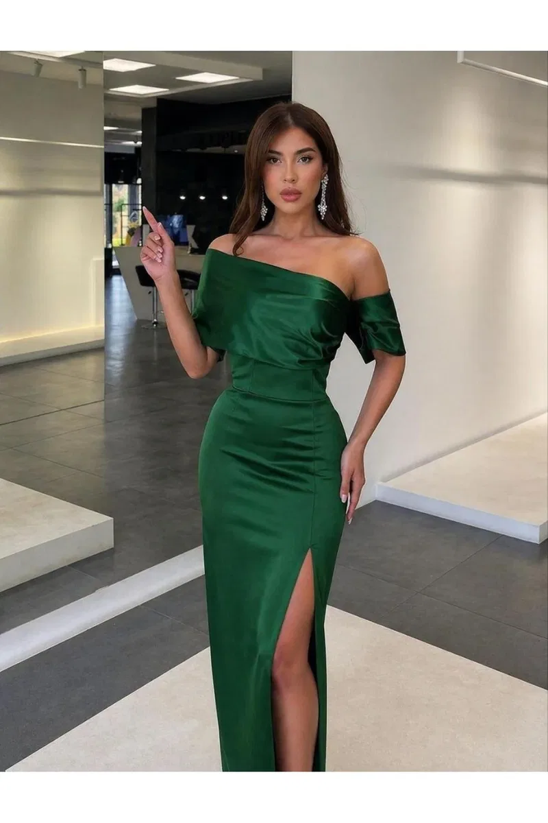 Kadın Şık Model Kayık Yaka Omzu Açık Gömlek Maxi Elbise görsel 2