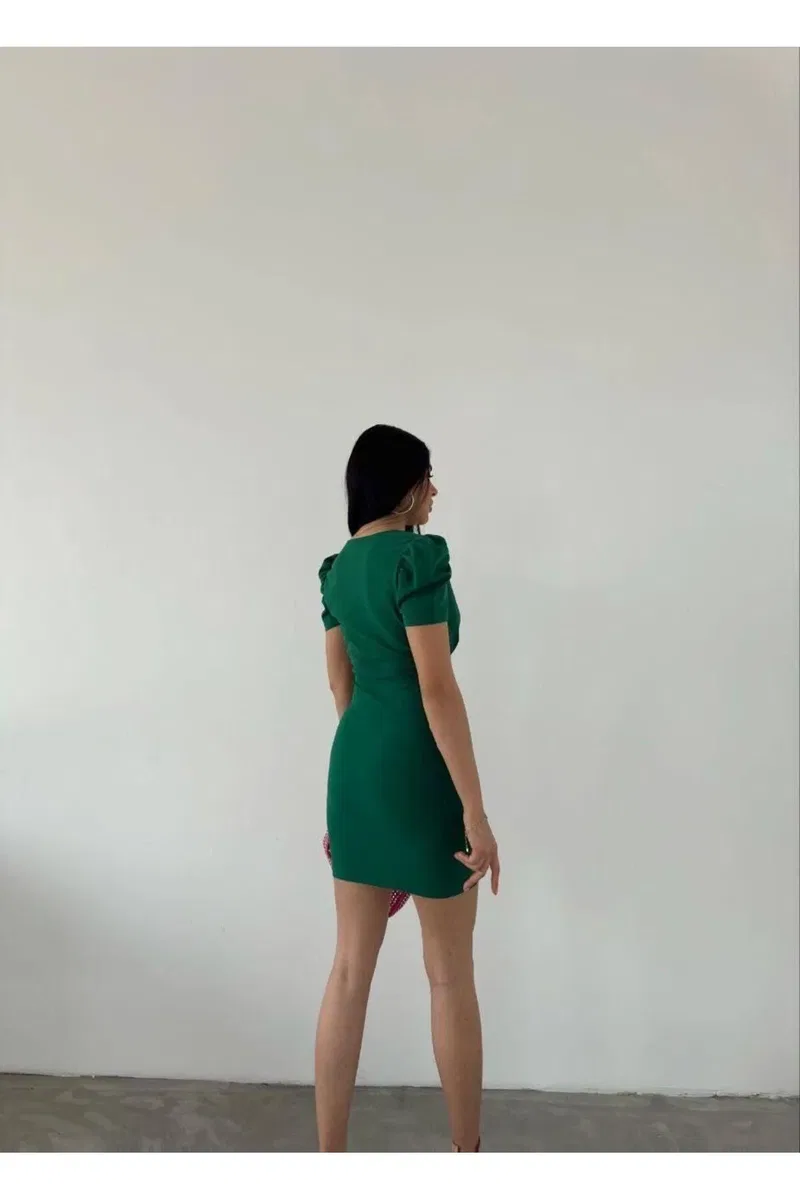 Kadın Trend Tasarım V Yaka Kısa Kol A Kesim Mini Abiye Elbise görsel 8