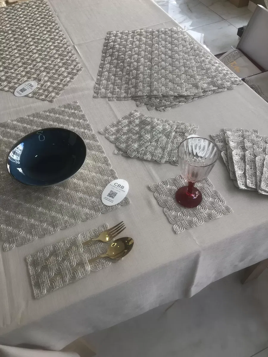 Sofra Takımı Orion Gardenya Keten Yemek Takımı 160x260 Masa Seti 26 Parça Runner Set Platin görsel 5