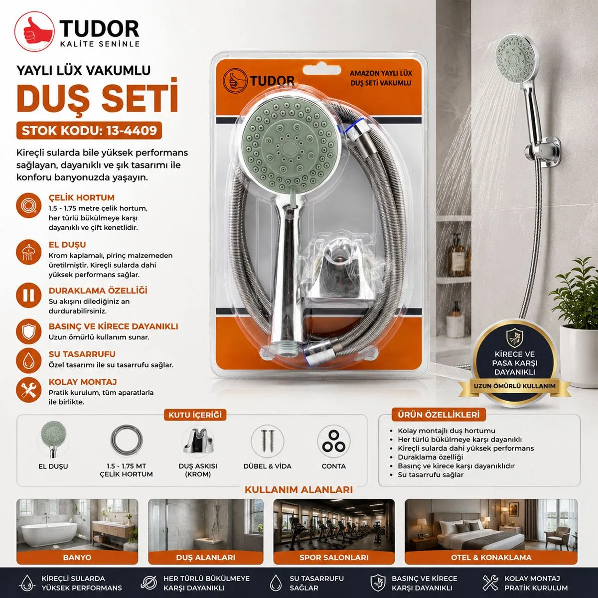 Krom Vakumlu Lüks Duş Seti - 150 cm Metal Yaylı Hortum görsel 3