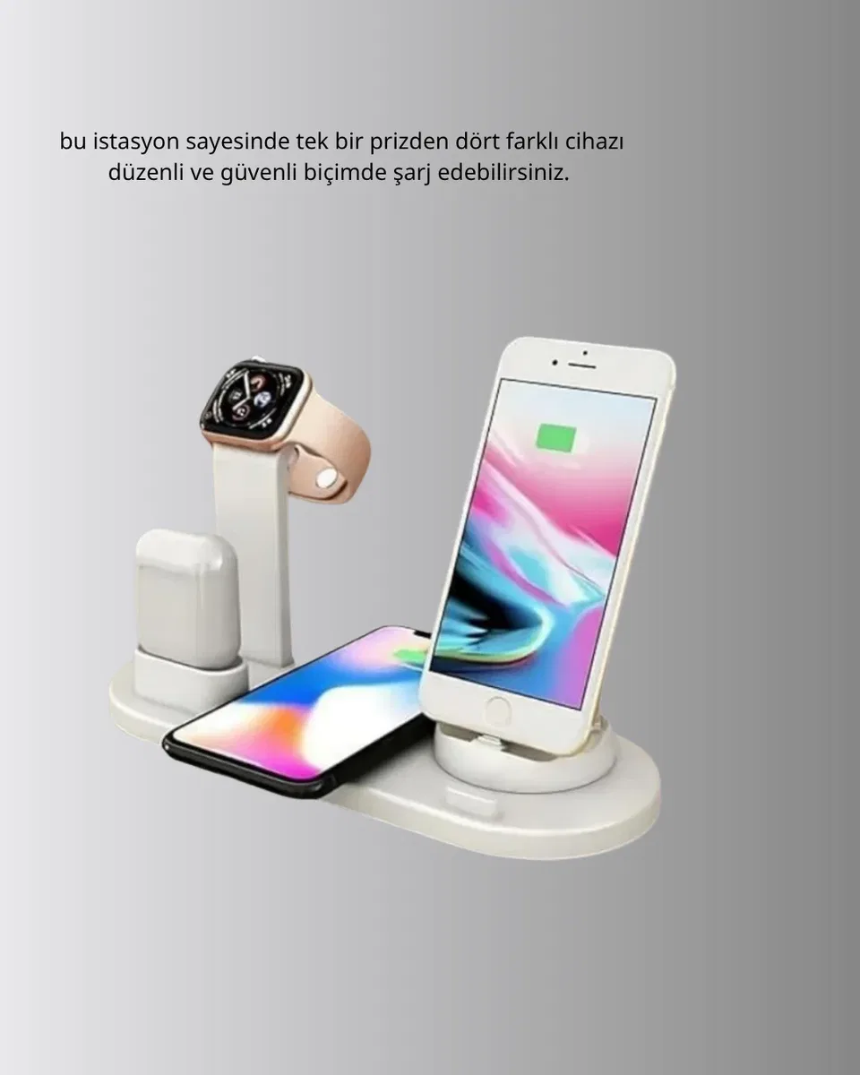 4’lü Apple Kablosuz Şarj Standı iPhone Watch ve AirPods Çoklu Şarjlı görsel 4