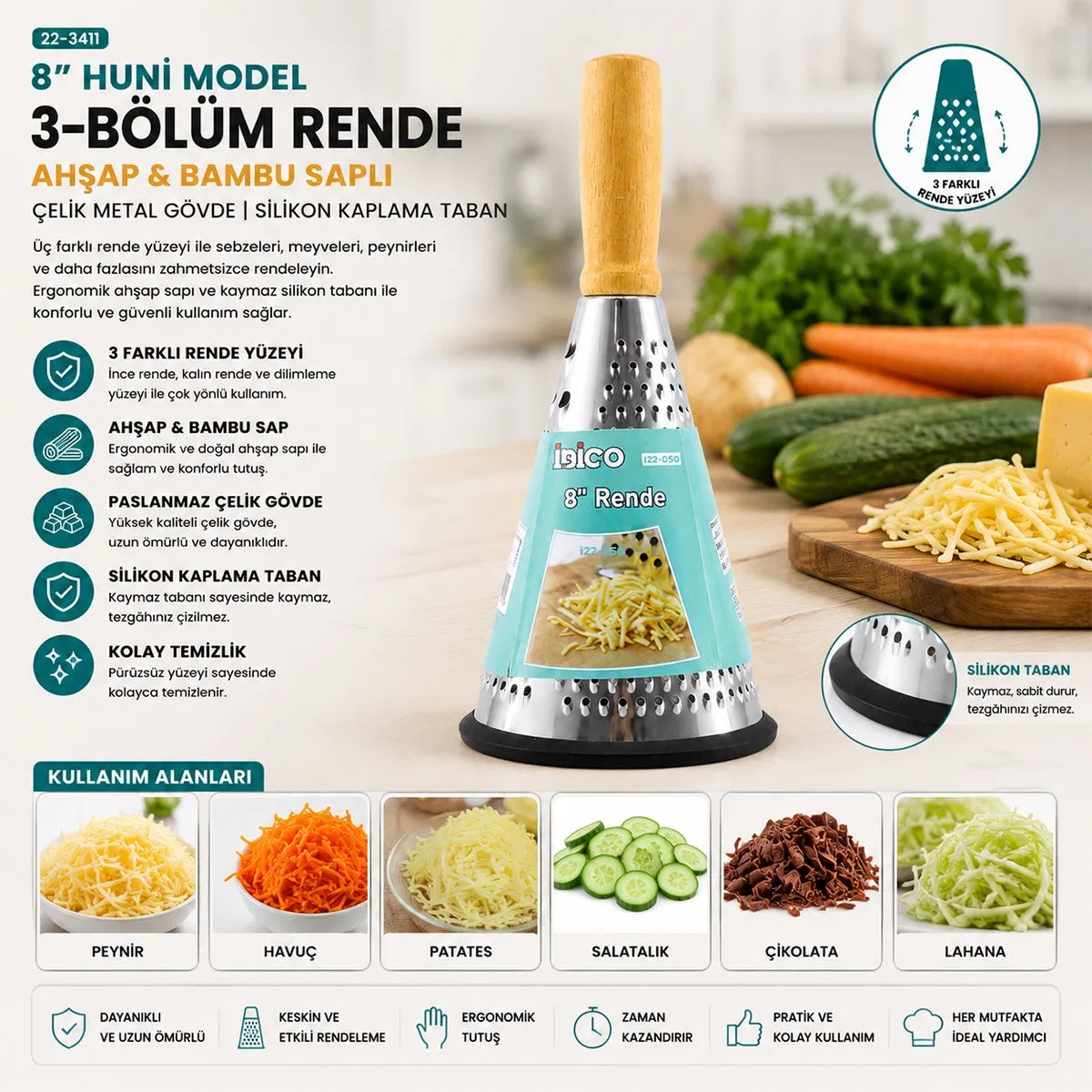 8" Ahşap & Bambu Saplı Çelik Rende (Silikon Taban, 3 Bölümlü) görsel 3
