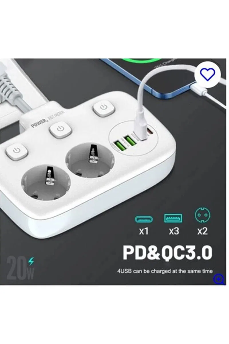 Akım Korumalı 2’li Ayrı Anahtarlı Priz, 2x Priz, 3x Usb, 1x Type-c, 2 Mt Kablo, Hızlı Şarj görsel 2