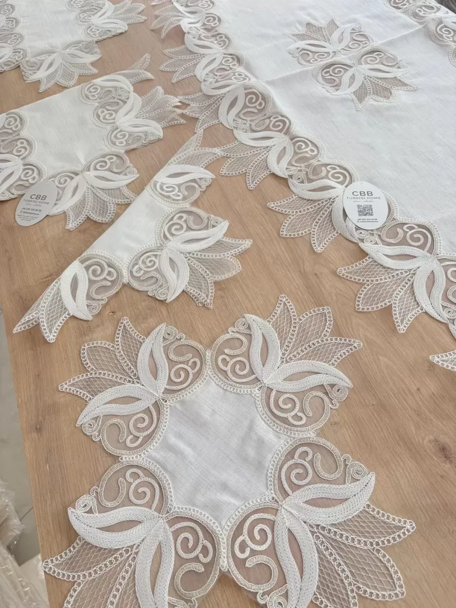 Salon Takımı Çeyizlik Kreme Gold Runner Set 5 Parça Keten Ranır Masa Konsol Sehpa Örtüsü Kayla görsel 5