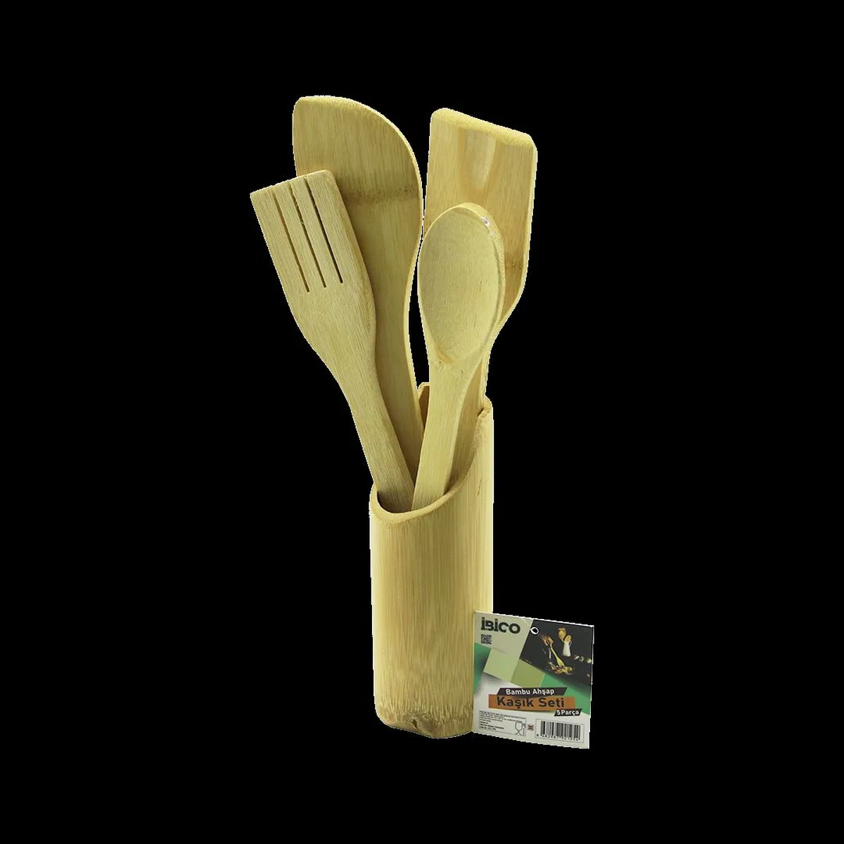 Ahşap Bambu Mutfak Servis Seti 5 Parça (Kaşık, Çatal, 2 Spatula, Stand) 27. 5/30 cm görsel 2