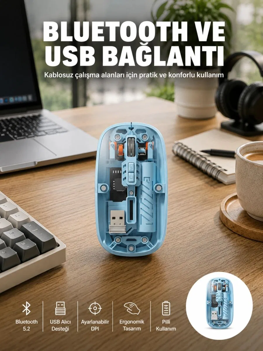 Bluetooth 5. 2 Destekli Mavi Pilli Kablosuz Mouse Yeni Nesil