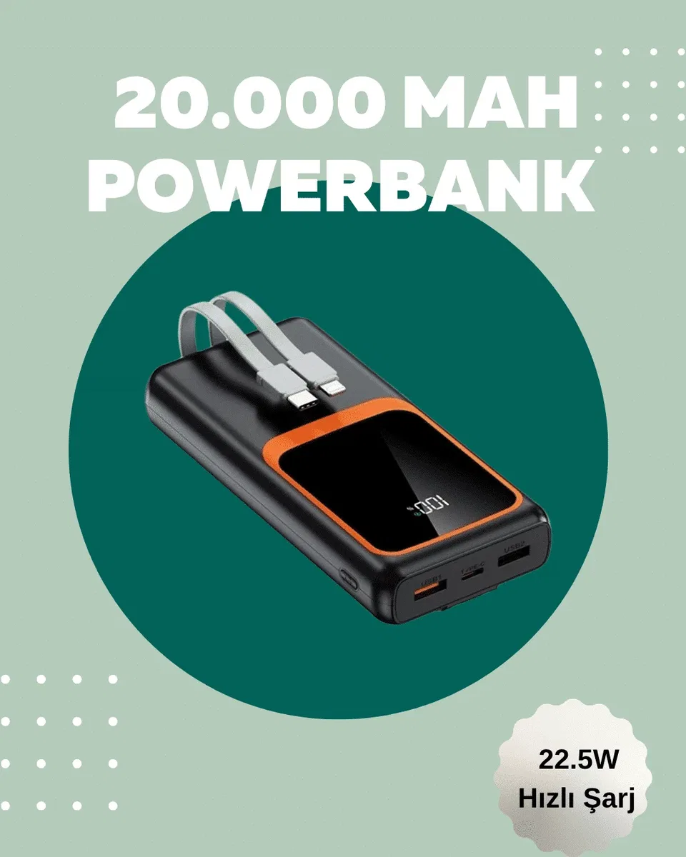 Dijital Ekranlı 20. 000 mAh Powerbank | 22. 5W Hızlı Şarj + Çoklu Bağlantı Seçeneği