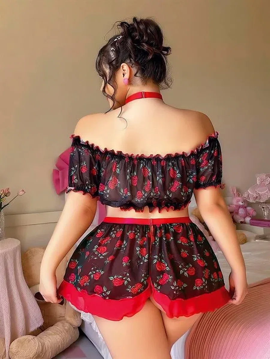 Büyük Beden Siyah Üstüne Gül Desenli Etekli Büstiyer Takımı görsel 2