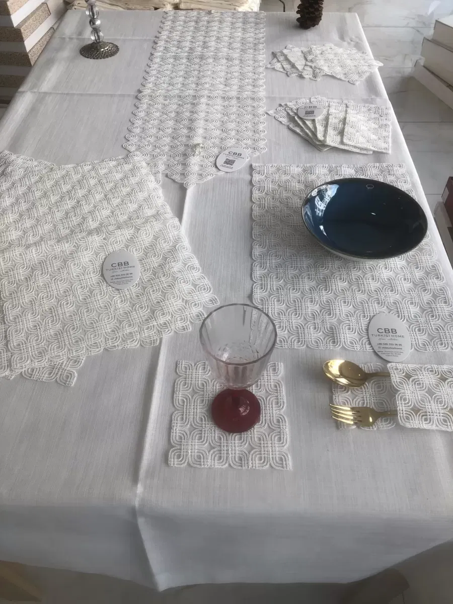 Sofra Takımı Orion Gardenya Keten Yemek Takımı 160x260 Masa Seti 26 Parça Runner Set Krem görsel 7
