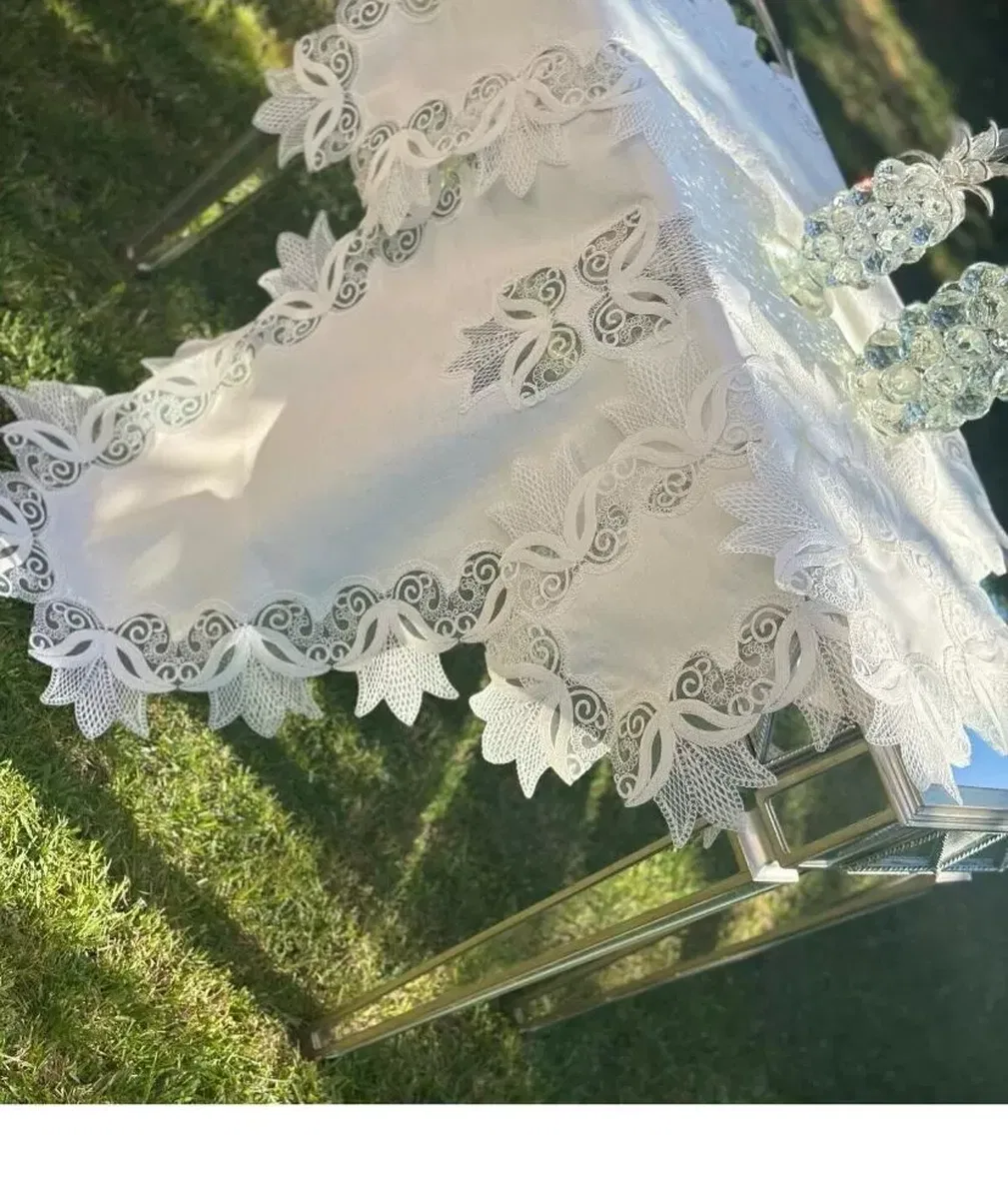 5 Parça Krem-Krem Kayla Model Keten Dantelli Masa Örtüsü Runner Seti Salon Takımı görsel 2