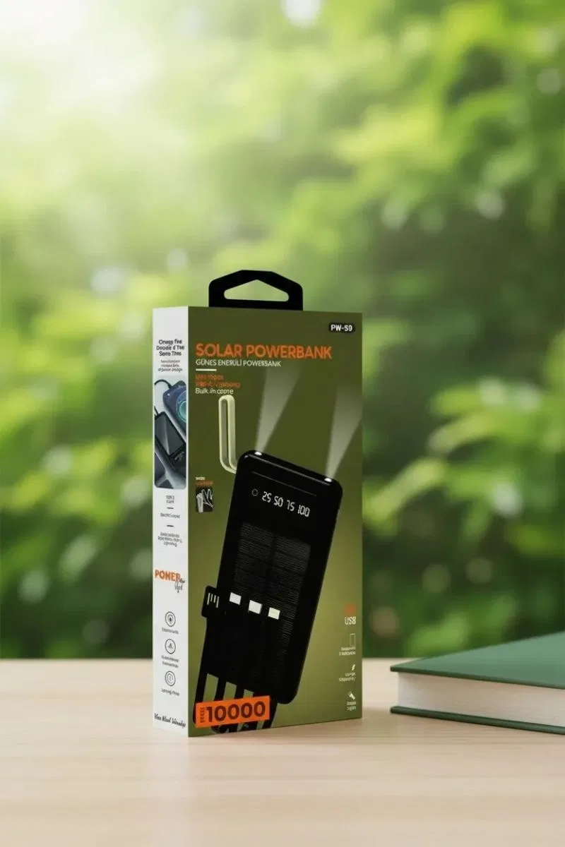 10000mah Güneş Enerjili Taşınabilir Şarj Cihazı - Çift Led Fenerli, Lcd, 2 Usb-c Powerbank