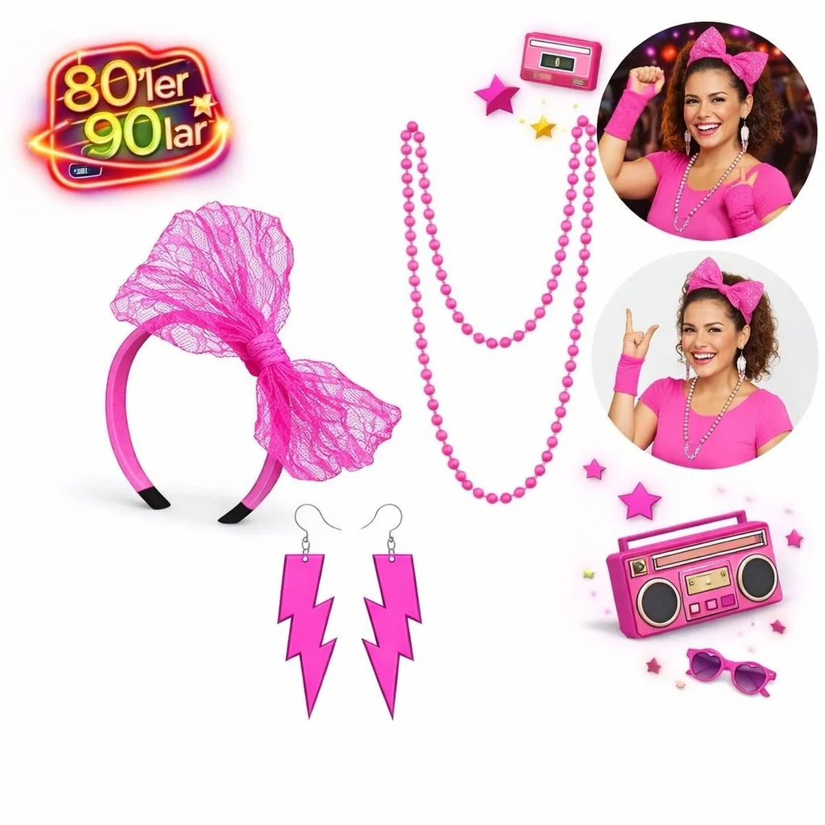 80’ler 90’lar Neon Pembe Parti Seti – Kolye Küpe Taç görsel 3