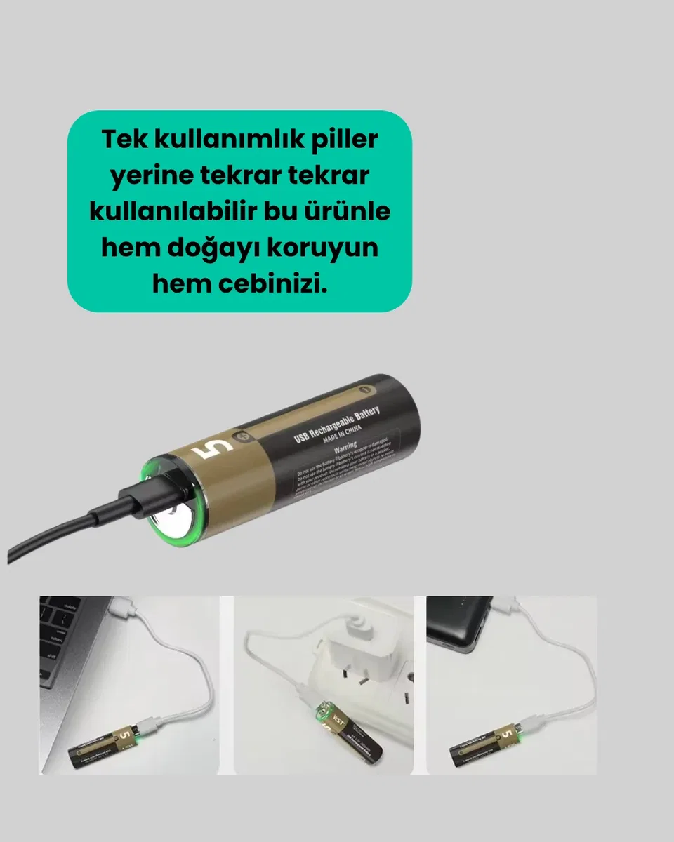 USB Type-C ile Hızlı Şarj Edilebilen AA Lityum Pil görsel 2