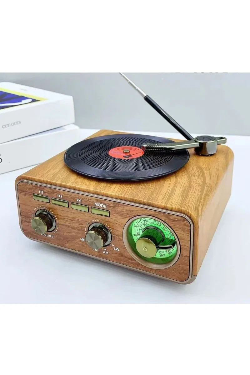 Nostaljik Tasarım Plak Çalar Görünümlü Radyolu Bluetooth Hoparlör Retro Müzik Plak Açık Kahverengi görsel 2