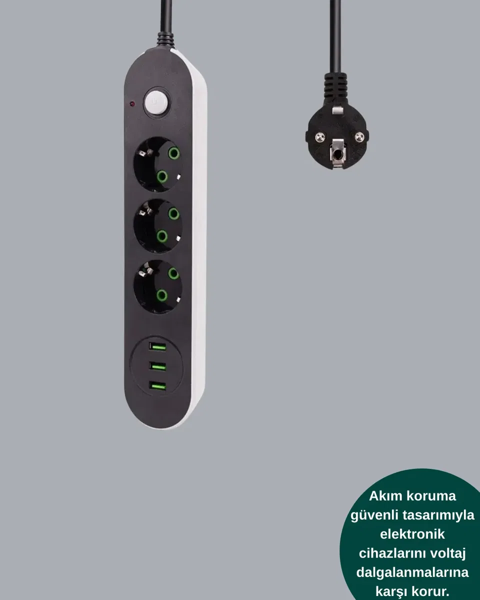 Akım Korumalı Anahtarlı USB Girişli Üçlü Priz görsel 3