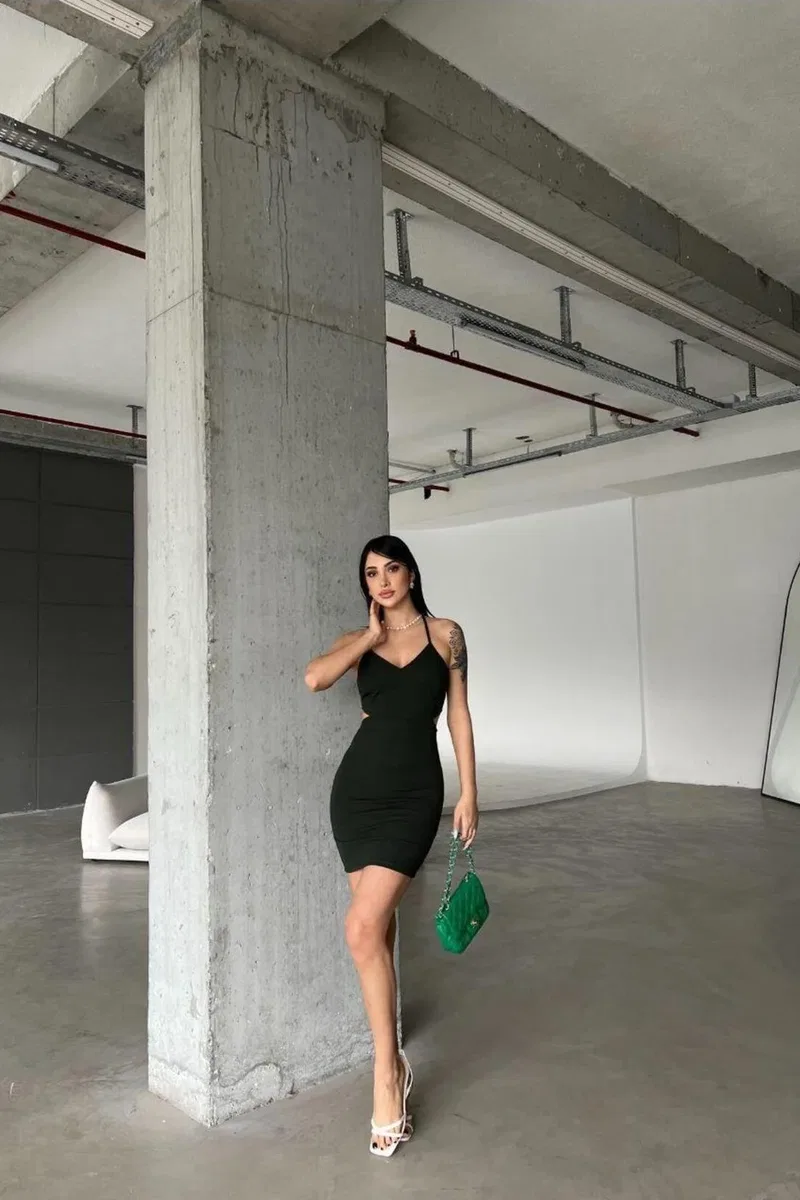 Kadın Krep Kumaş V Yaka Kemerli Mini Askılı Elbise görsel 7