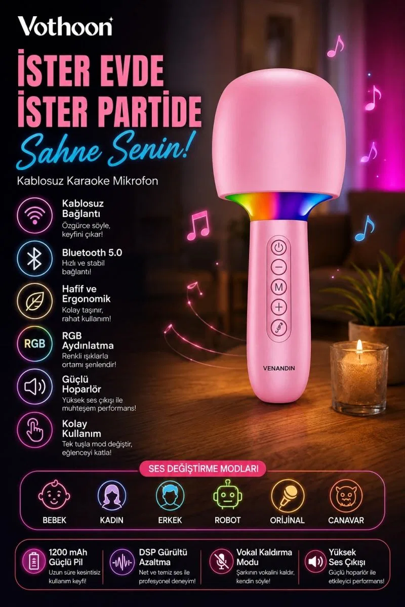 Çocuk Ve Yetişkin Karaoke Mikrofonu Kablosuz Rgb Ambiyans Işığı Ses Değiştirme Modlu Hoparlör görsel 2