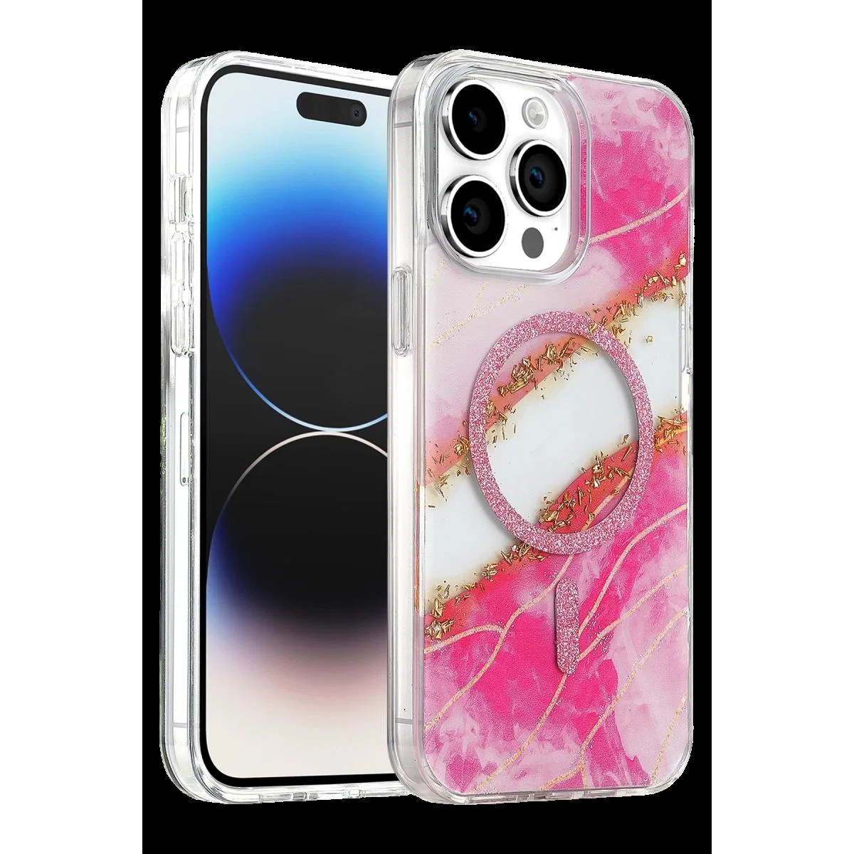 Onegif Apple İphone 15 Pro Max Lotus Simli Magsafe Kapak - Pembe