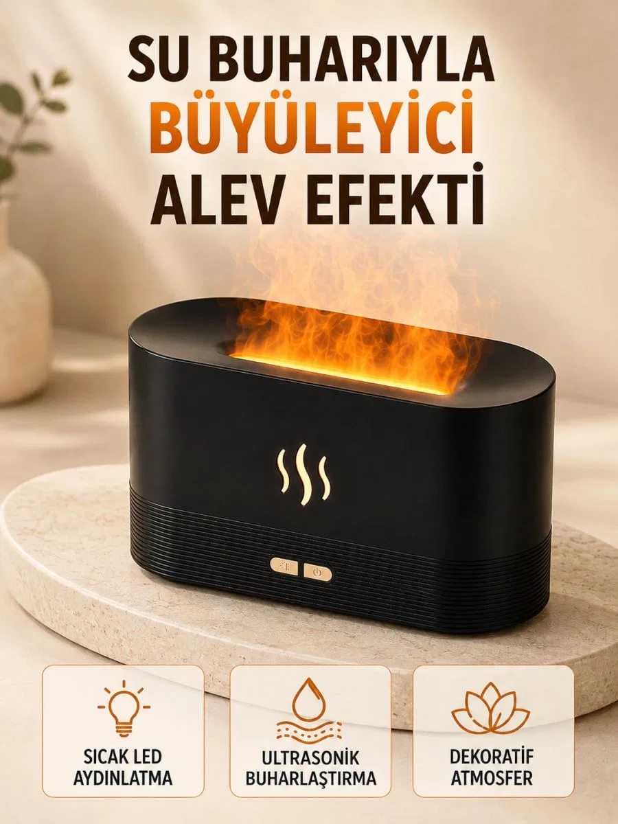 Led Alev Efektli Hava Nemlendirici 9 12 Saat Kullanımlı Aroma Difüzörü