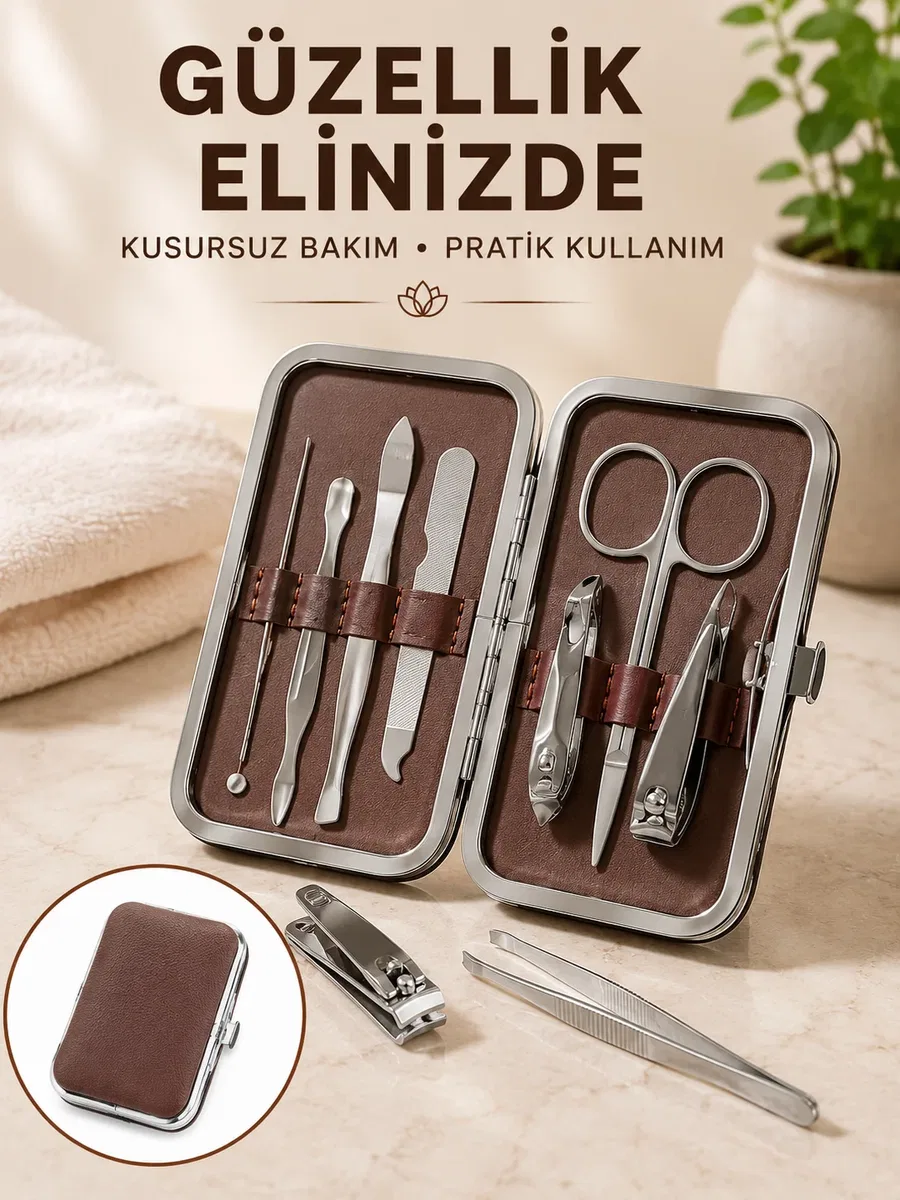 7 Parça Paslanmaz Çelik Manikür ve Pedikür Seti Çantalı Profesyonel