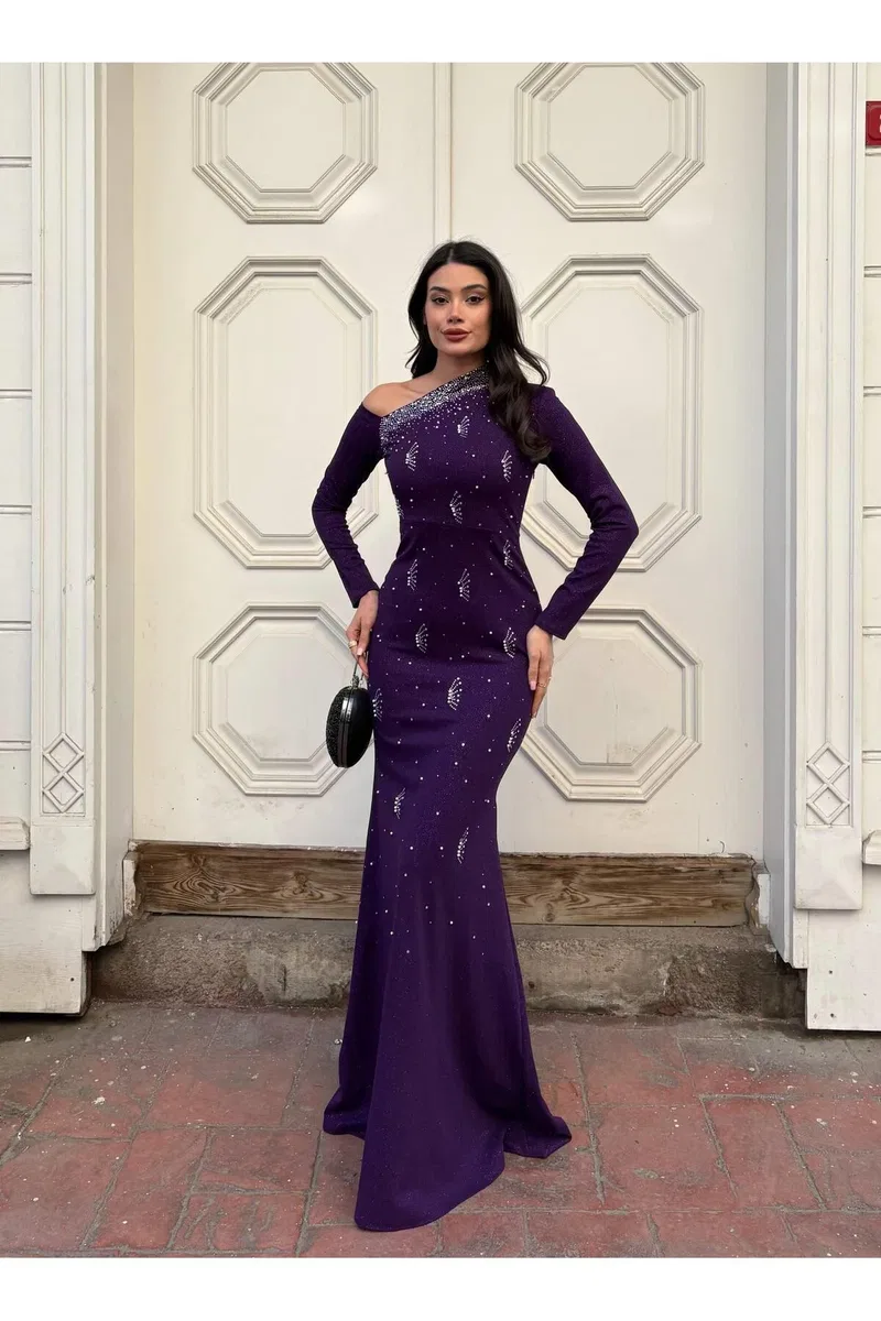 Kadın Trend Model Tek Omuz Tek Kol Gömlek Abiye Elbise görsel 5