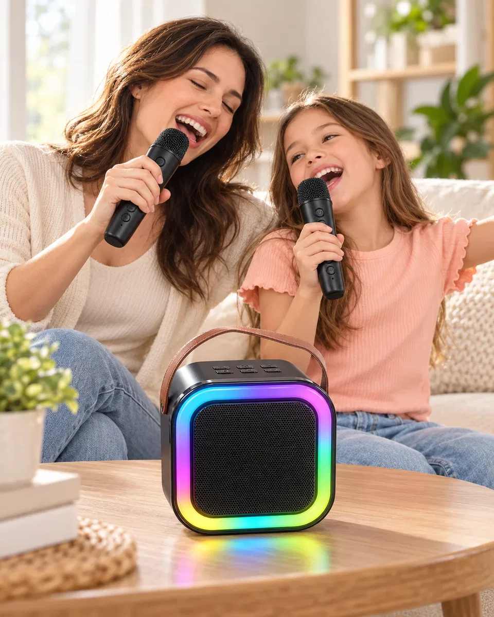 Bluetooth Bağlantılı LED Işıklı Karaoke Ses Sistemi ve İki Kablosuz Mikrofon görsel 3