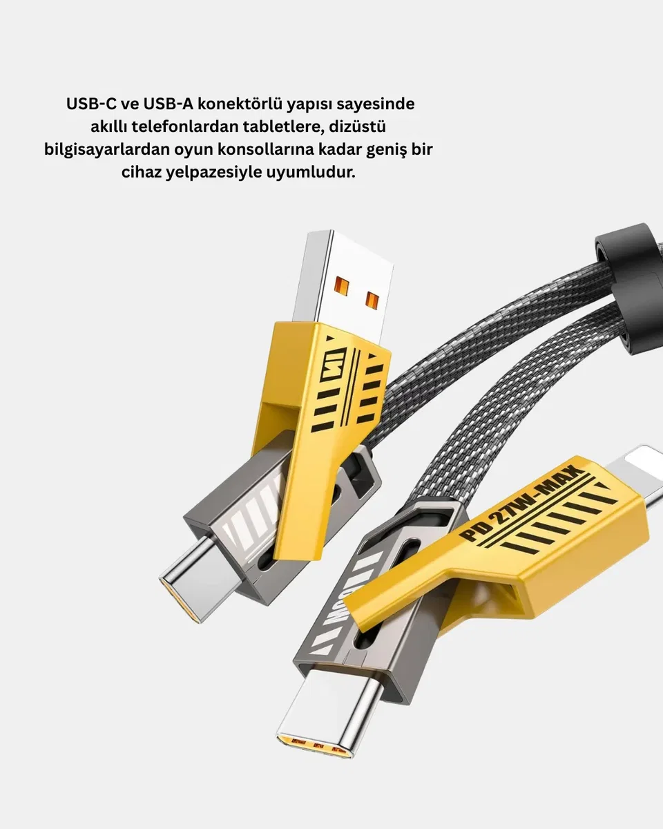 USB-C USB-A 4’ü 1 Arada Örgülü Kablo 65W Hızlı Şarj Metal Uç Dayanıklı görsel 5