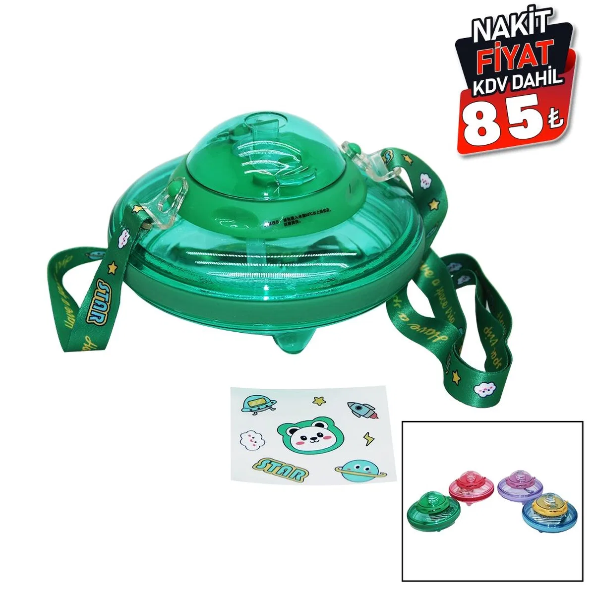 550ml Pipetli Suluk Matara - UFO Modeli, Taşıma Askılı, Renkli Mika görsel 2