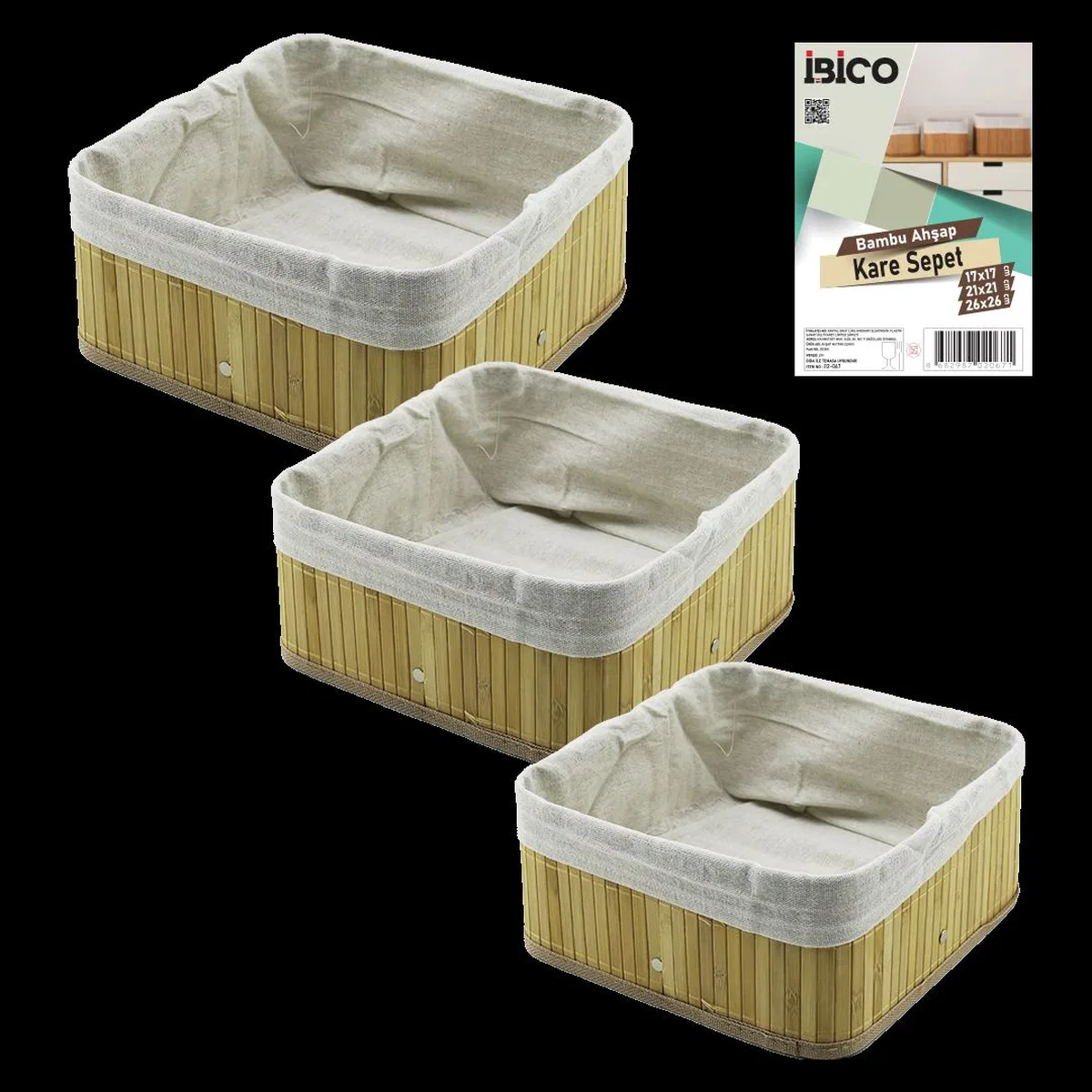 3'lü Kare Organizer Sepet Seti - Bambu Kenarlı Ahşap Taban Bez Astarlı (17x17 / 21x21 / 26x26 cm) görsel 2