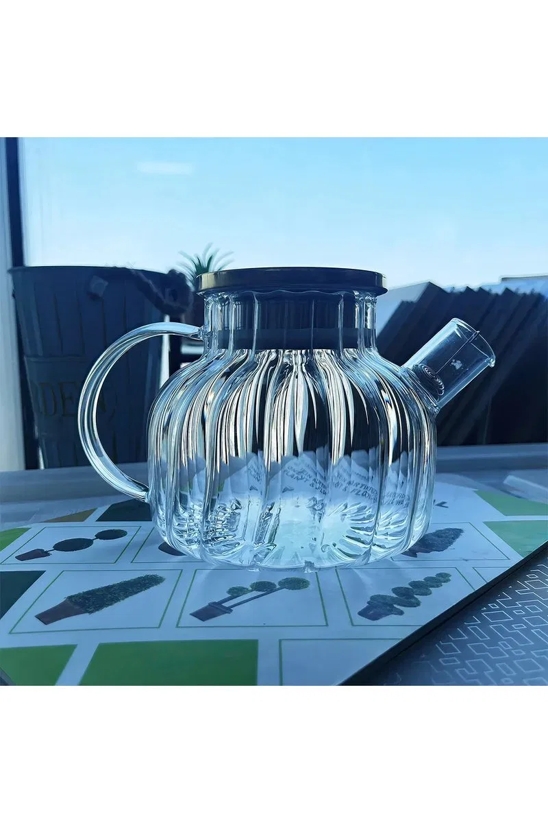 Çelik Kapaklı Borosilikat Dilimli Model Süzgeçli Cam Demlik Bitki Çayları 1000 Ml Royaleks-CM-2001 görsel 2
