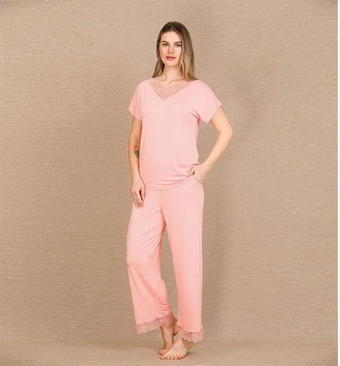 Viskon Şık Tasarım Dantel İşlemeli Açık Pembe Kısa Kol Pijama Takımı görsel 2