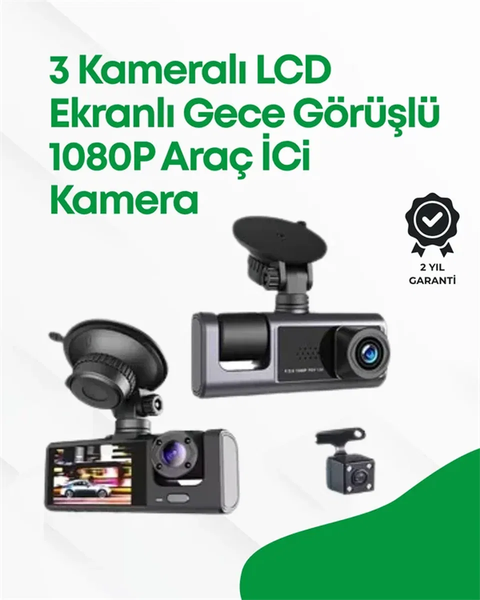 2. 0” LCD Ekranlı, Döngüsel Kayıt Özellikli Üç Kameralı Oto Kamera