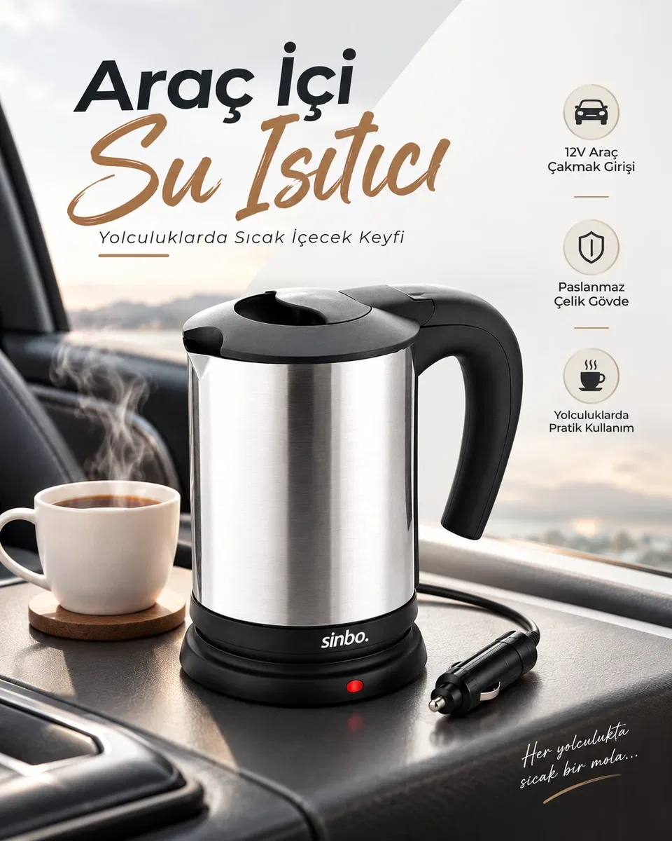 Otomobil İçin 12V Çakmak Soketli Paslanmaz Çelik Taşınabilir Su Isıtıcı Seyahat Kettle