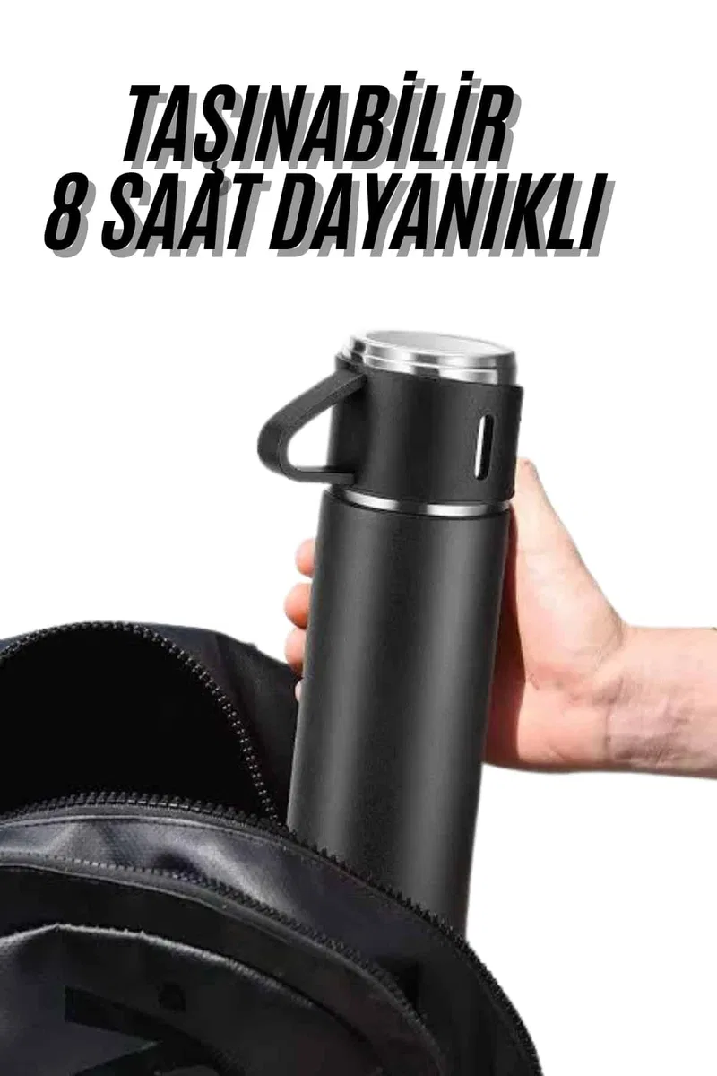 Termos Seti 3'lü Bardak Seti Isı Dayanıklı Siyah Paslanmaz Çelik Vakumlu görsel 2