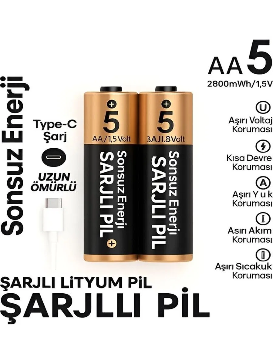 Type-c Şarjlı 2800mwh 1. 5v Şarj Edilebilir 2’li Aa5 Kalın Pil - Lityum Iyon Batarya