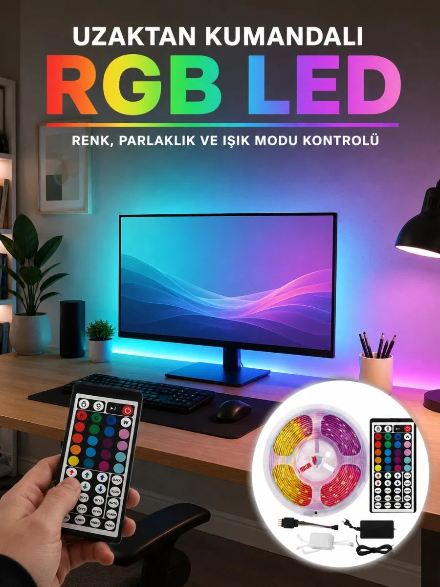 Uzaktan Kumandalı Rgb Şerit Led 5 Metre 12v 5050 Smd Çok Renkli Dekoratif Işık Seti