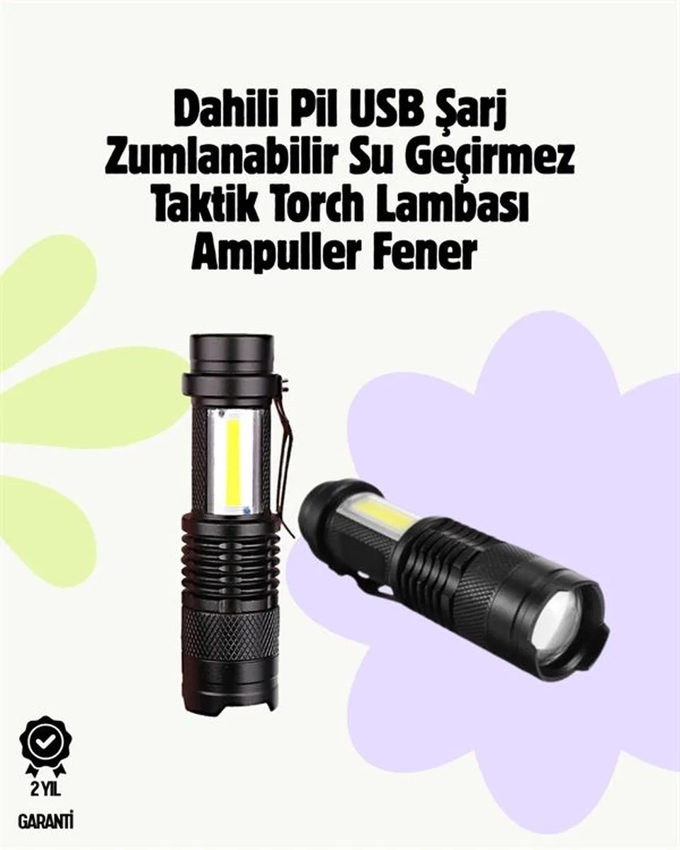 2000 Lümen Led El Feneri - Suya Dayanıklı, Odaklı, Klipsli