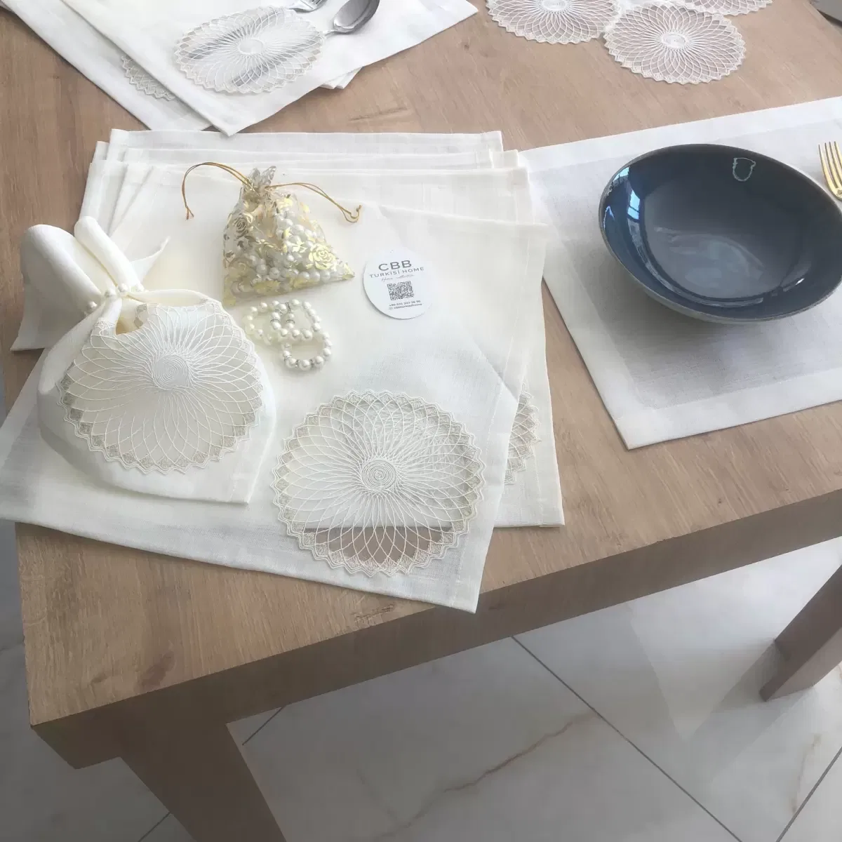 Sofra Takımı Planet Gardenya Keten Yemek Takımı 160x260 Masa Seti 26 Parça Runner Set Krem görsel 5