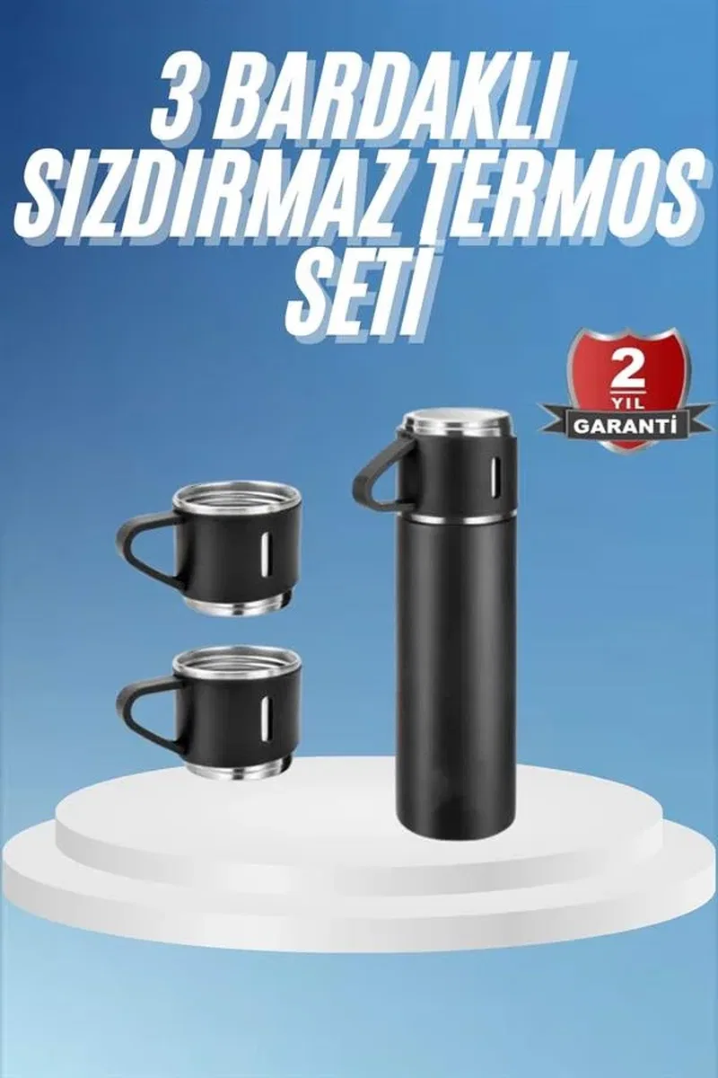 Termos Paslanmaz Çelik Termos Siyah Renk 3 Bardaklı Termos Seti görsel 2