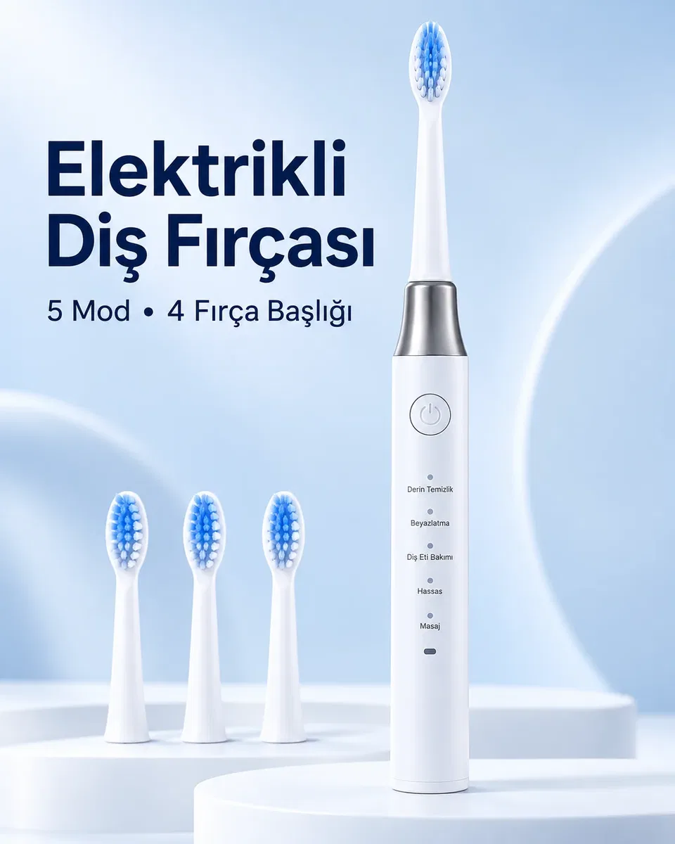 1. Hassas ve Masaj Modlu USB Şarjlı Beyaz Elektrikli Diş Fırçası 3 Başlık Hediyeli