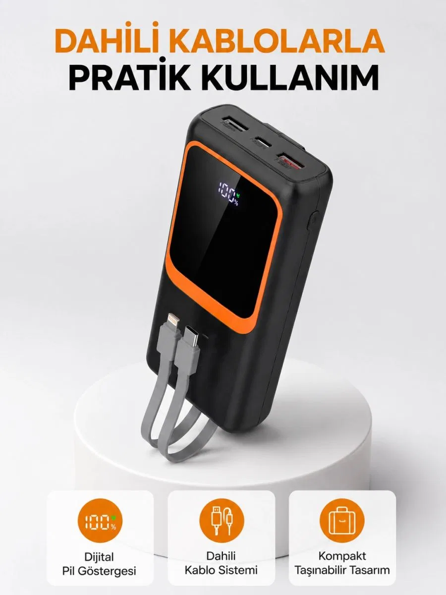 Powerbank 20000 Mah Dijital Ekranlı Ve Çok Kablolu Hızlı Şarj Cihazı