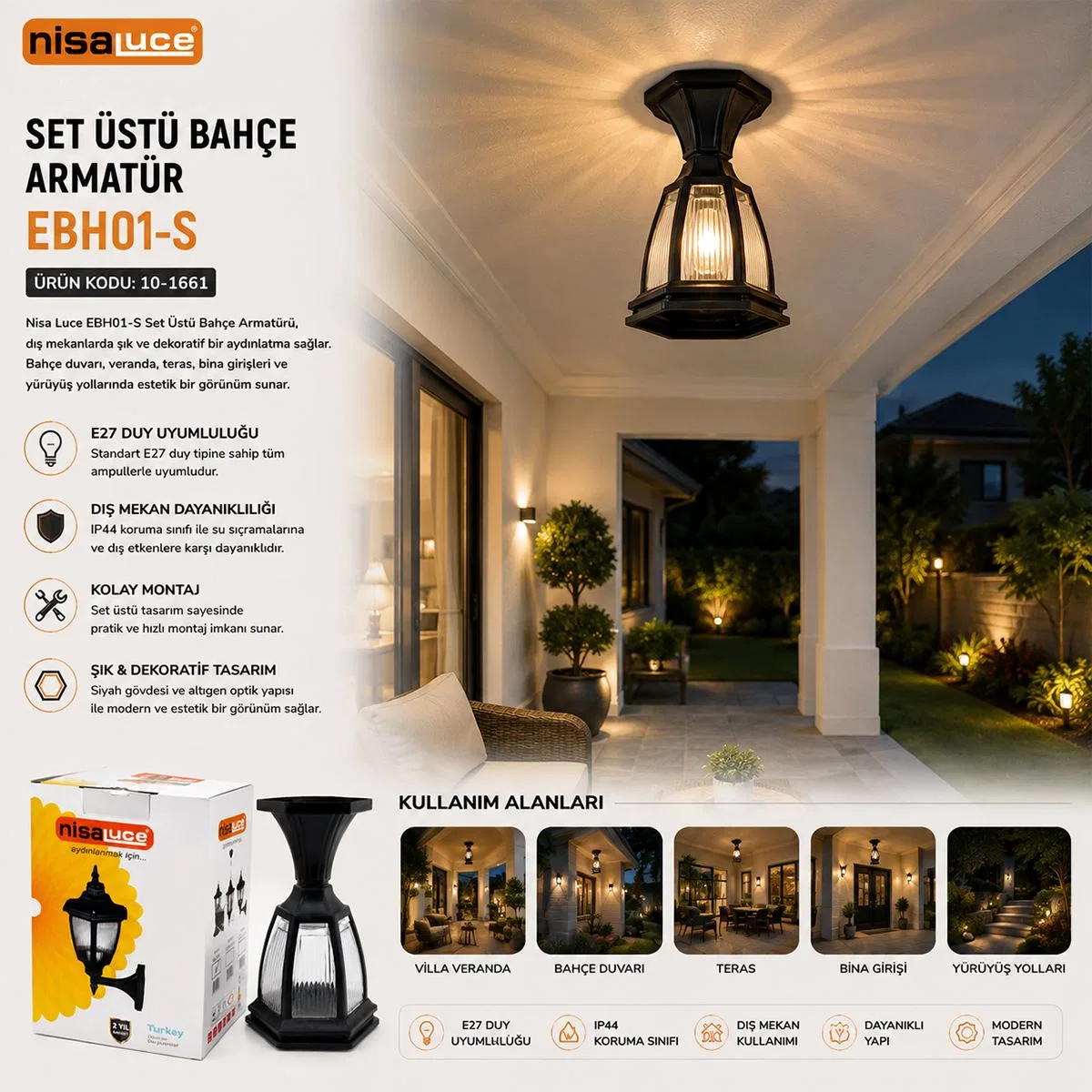 E27 60W IP44 Siyah Set Üstü Bahçe-Balkon Sokak Lambası görsel 3