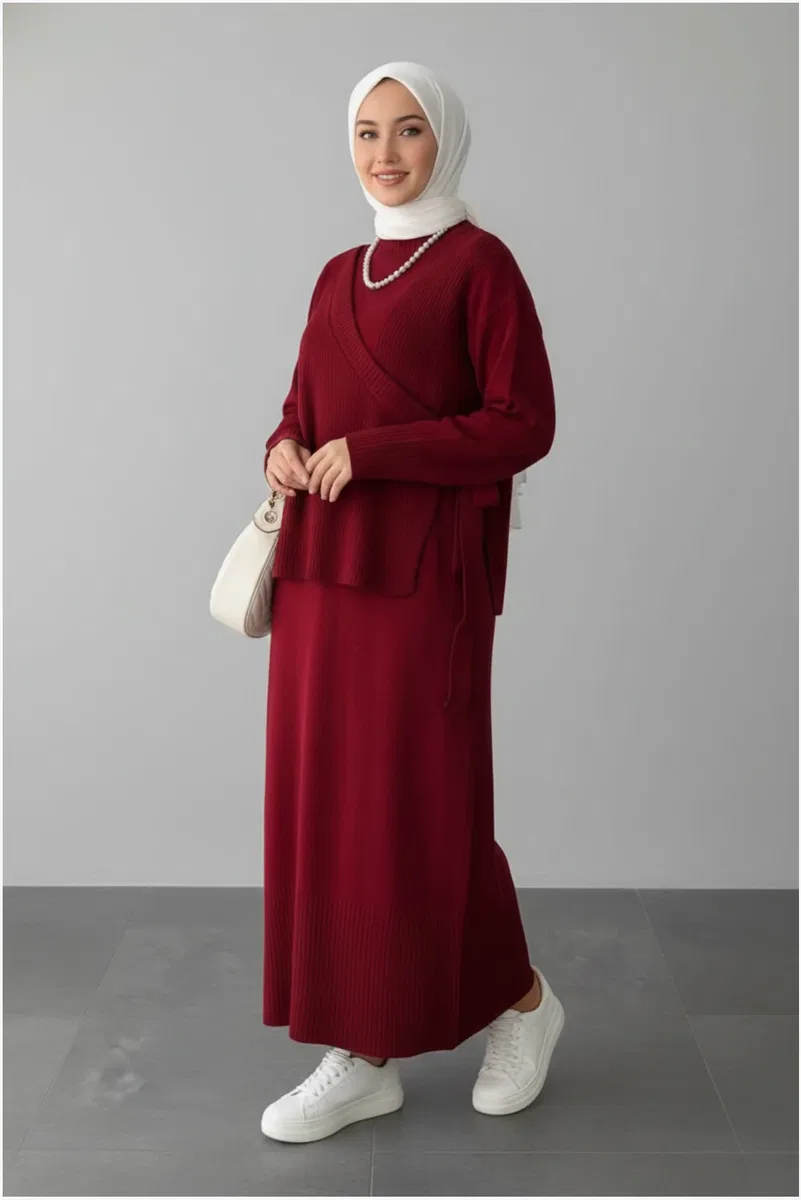 Kadın Şık Açık Kahve Modest Triko Tunik Takım Elbise görsel 5